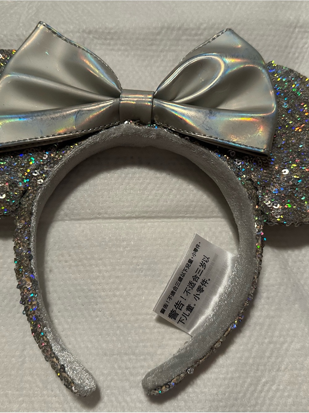 Disney Silver Glitter Minnie Ear Headband with Iridescent Bow